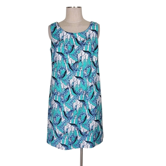 Talbots Shift Dress Size 10 Giraffe Leaves Print Sleeveless Cotton Blend A Line - Picture 3 of 10